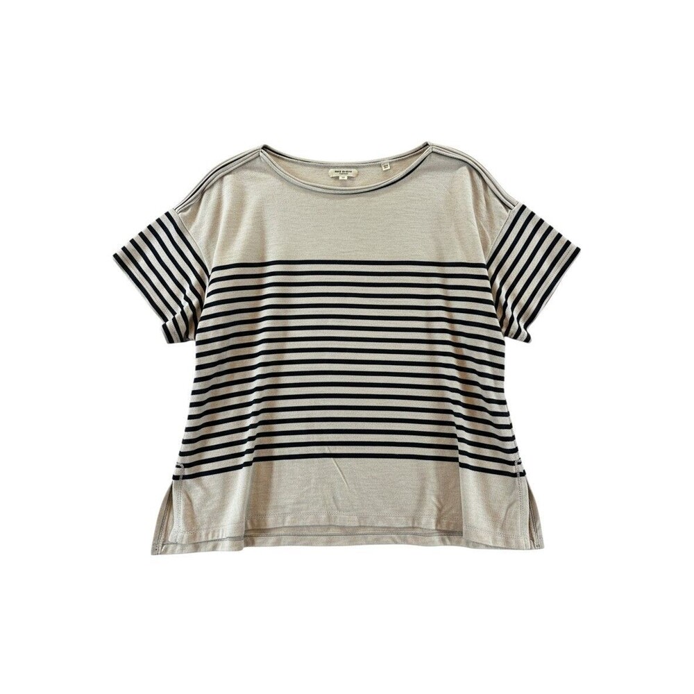Max Studio London Top Size XL Beige Navy Blue Striped Dolman Sleeve Knit Slit He